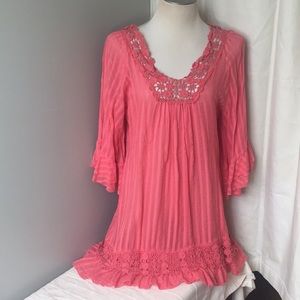 Hippie Girl  Crochet Accent dress Coral Boho Bell sleeve
